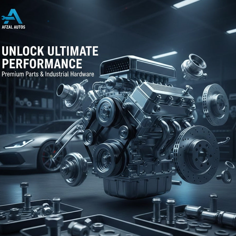 Car engine and parts with 'Afzal Autos' branding on a dark background